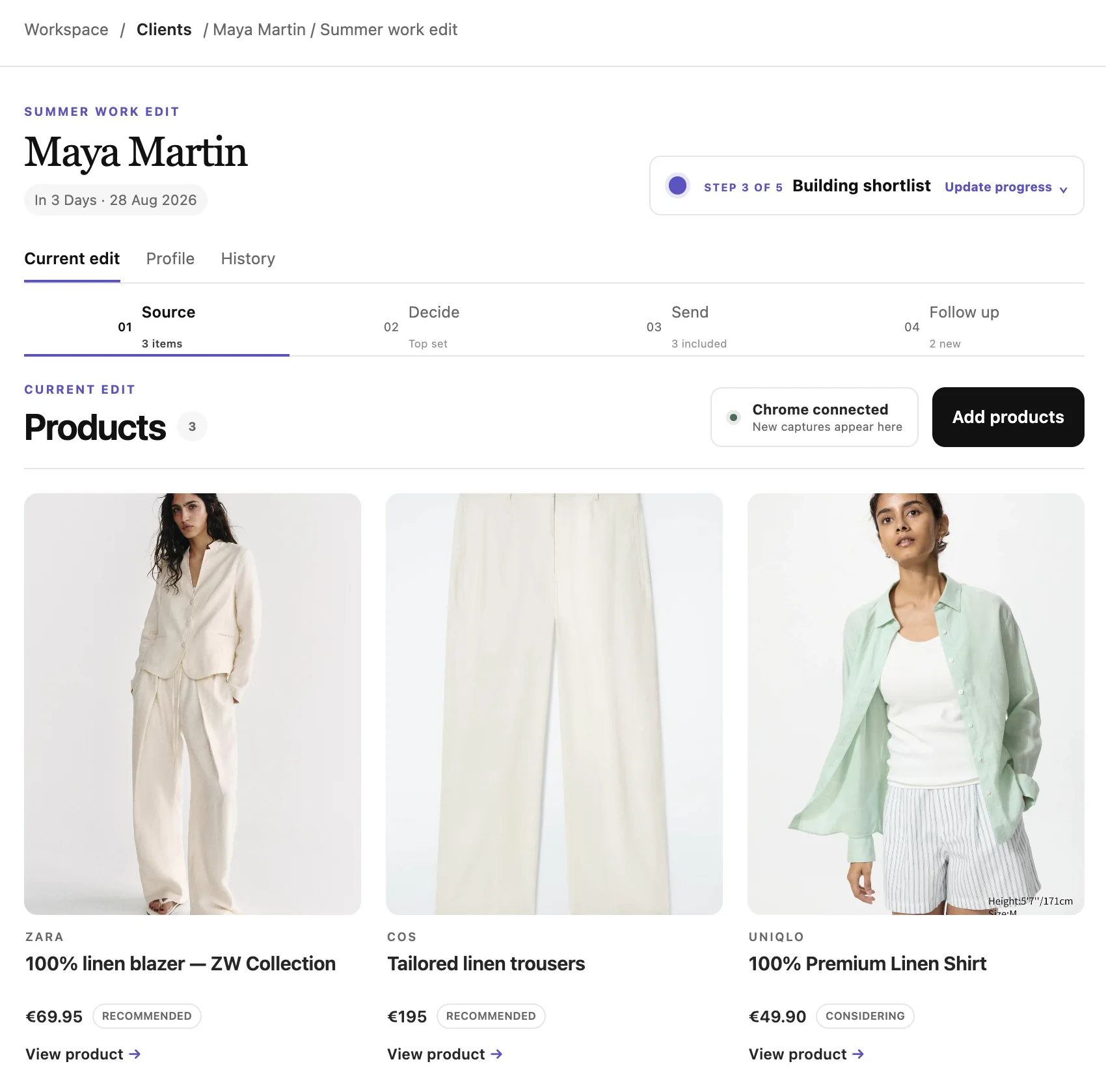 Vue Repérage de CATWLK avec trois grandes fiches produit pour la sélection d’été de Maya Martin
