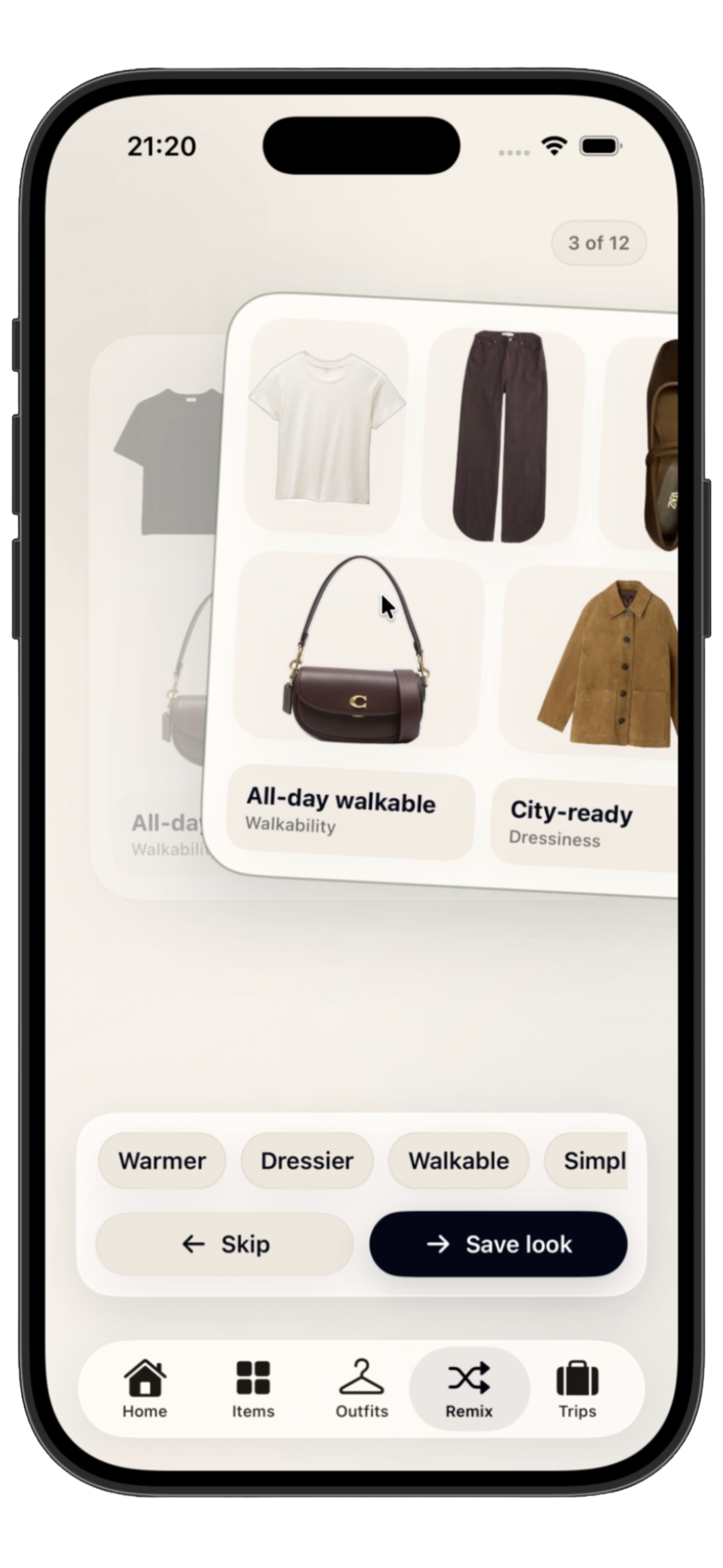 Swipe to save outfit combinations marketing screen